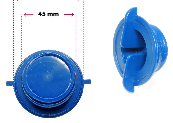 Blauer originaler Tankdeckel von Giottiline mit Maßlinien für 60 und 45 mm, daneben derselbe Deckel von der Seite