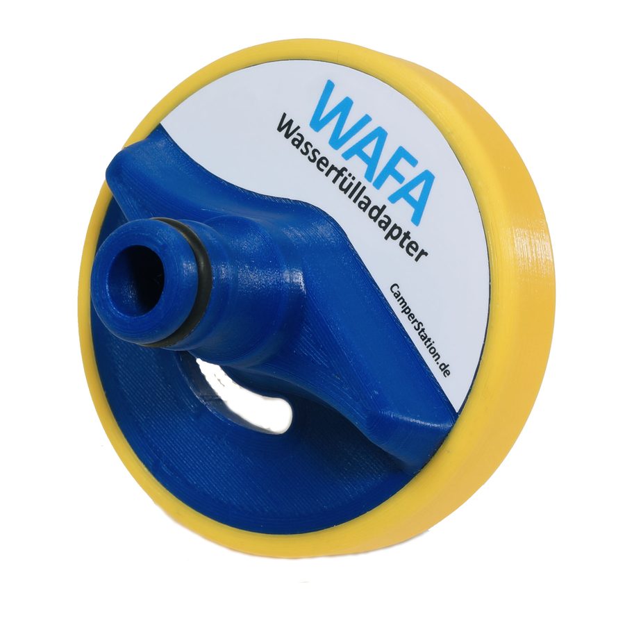 WAFA 3 mit gelbem Rand und blauem Einsatz, Aufkleber „WAFA Wasserfülladapter“