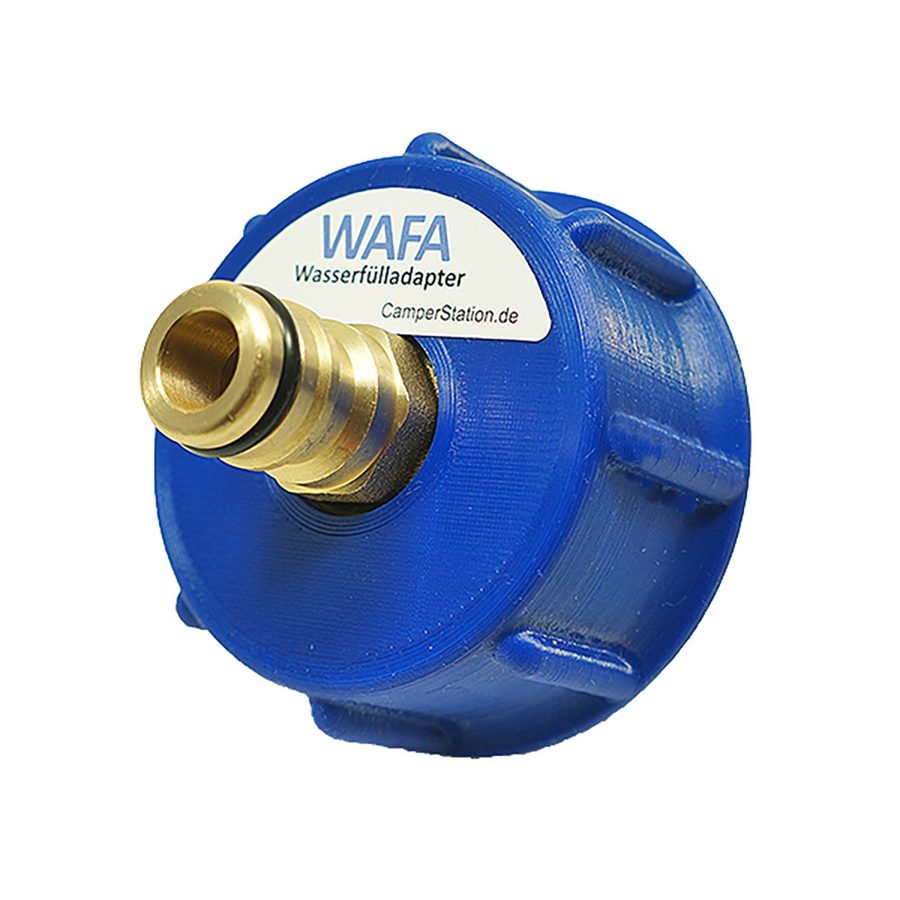 Blauer WAFA+ 6 mit Anschluss aus Messing und Aufkleber „WAFA Wasserfülladapter“